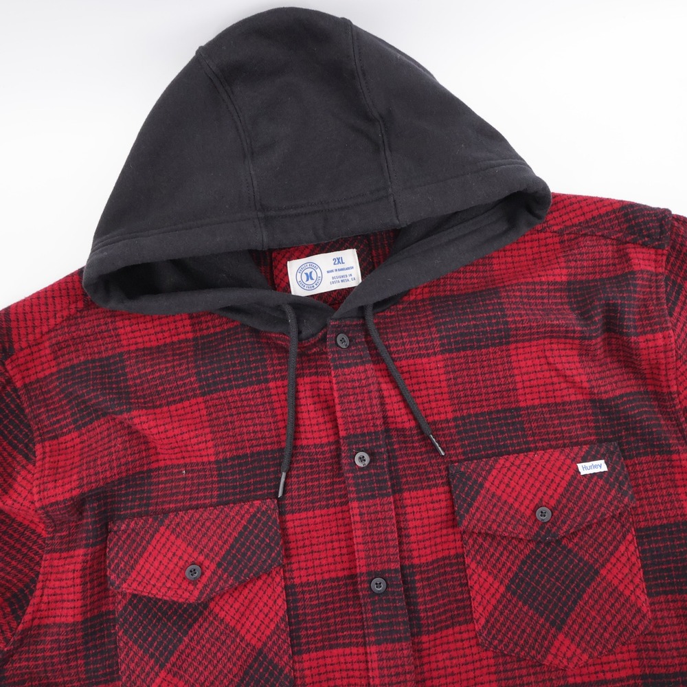 NEW Hurley Cooper Plaid Hooded Flannel Shirt Red Long Sleeve Mens 2XL